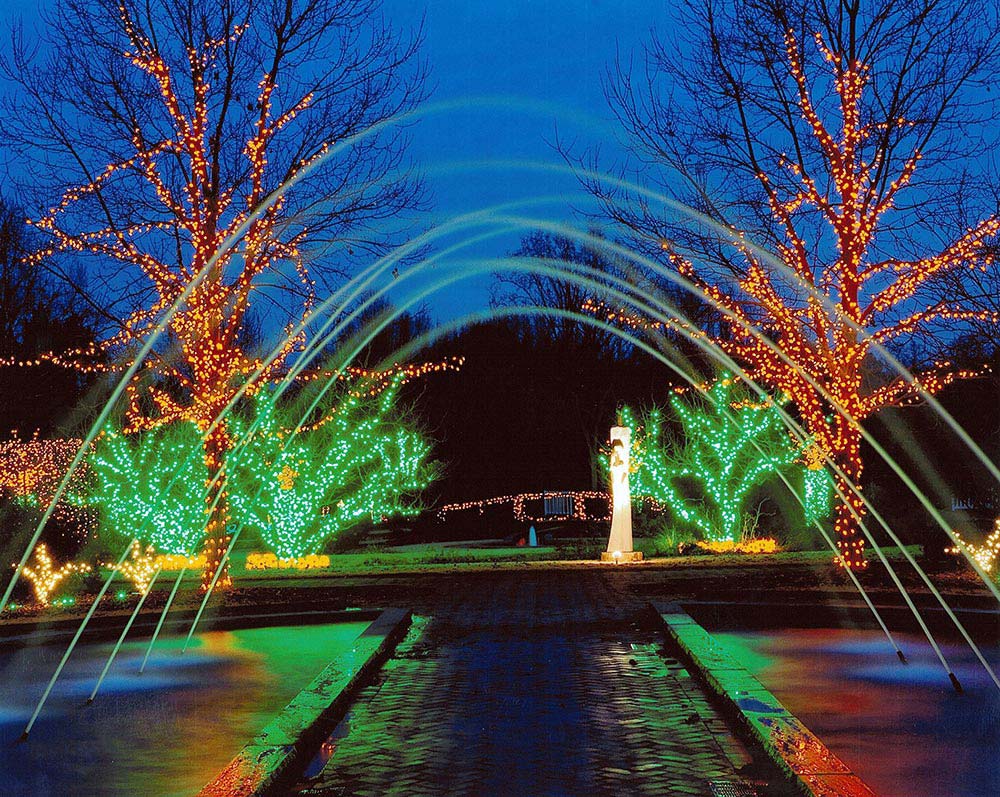 Holiday Lights in Gardens and fountain