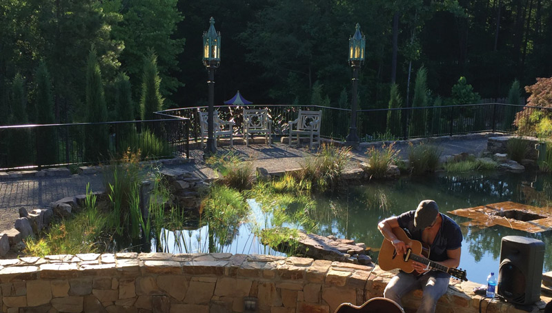 A guitarist playing in the evening at the garden